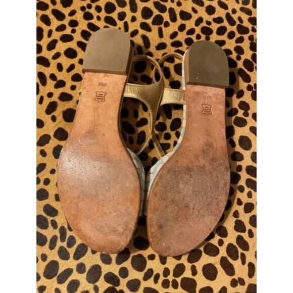 EUC Leifsdottir Gold Aqua Brocade T-Strap Chain Flat Sandals 38 1/2 8.5 - Picture 5 of 5